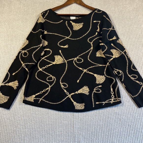 Chico's Sweater Women's 2 Large Black & Gold‎ Old Money Pullover Equestrian - Picture 1 of 8